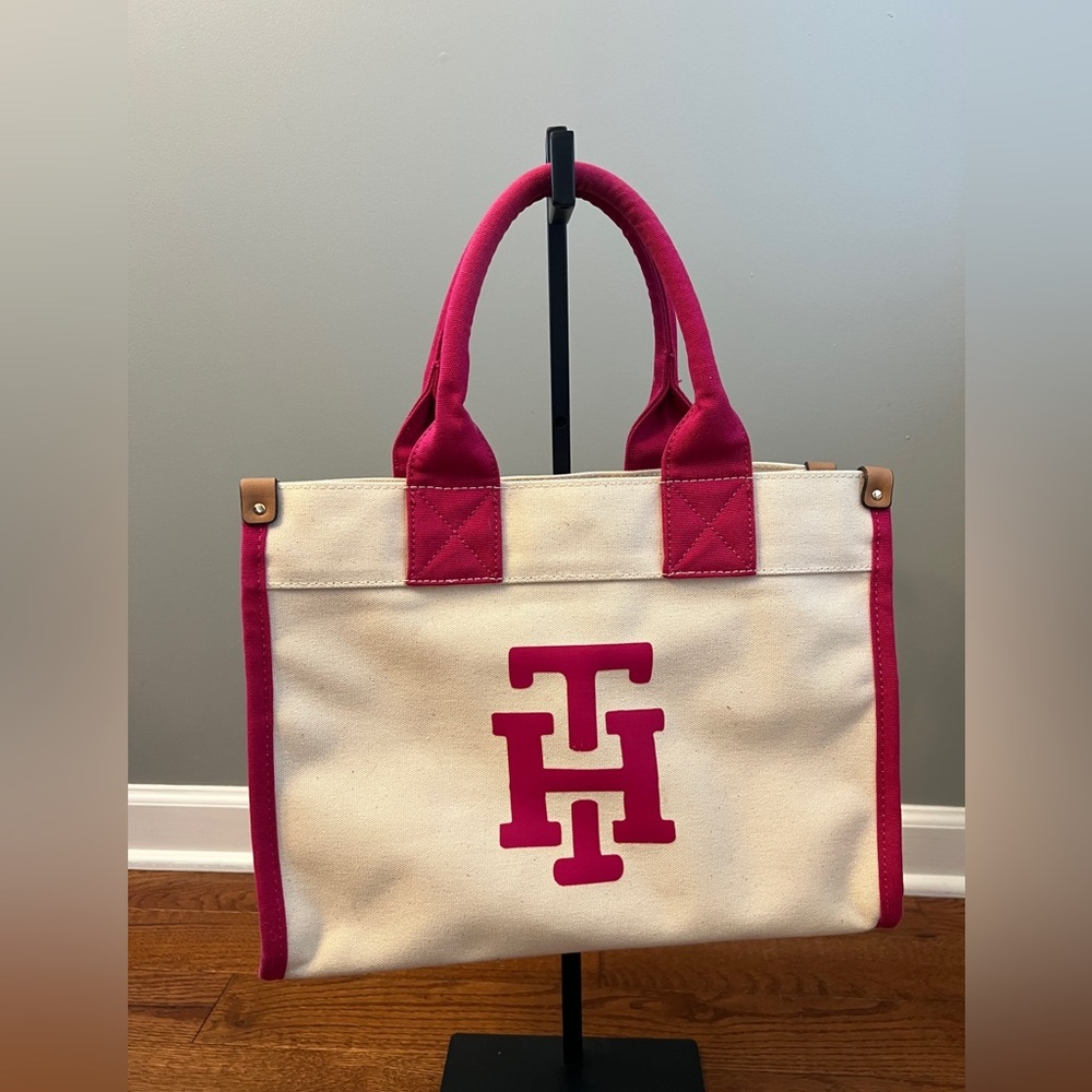Tommy Hilfiger Cream Canvas With Pink Logo Print Tote Bag
